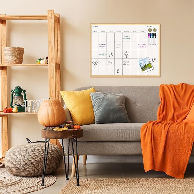 Magnetic Monthly Calendar Whiteboard, 30'' x 20'' Dry Erase Calendar for Wall Office School Home, Gold Wooden Frame