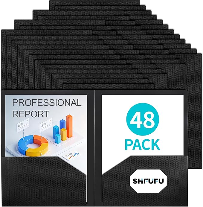 48 Pcs Textured 2 Pocket Plastic Folders（Black）, Durable Letter Size File Folders with Business Card Slot, Heavy Duty Plastic for School Office,Acid-Free,Back to School Supplies,Bulk