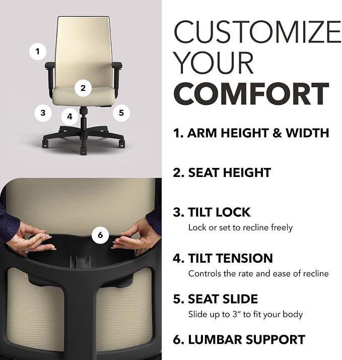 HON Ignition 2.0 Ergonomic Office Chair, Lumbar Support, Desk Chair, Linen | Ergonomic office desk chair with lumbar support, adjustable arms, office decor, workstation comfort for focused productivity