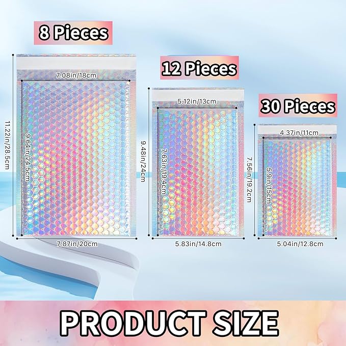 50 Pcs Metallic Bubble Mailers, Holographic Bubble Mailers, Poly Padded Envelopes, Adhesive Shipping Bags, Waterproof Self Sealing Cushion Envelopes for Mailing, Packing, Small Business