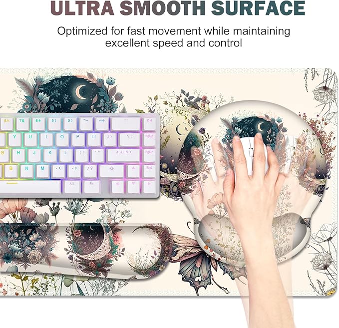 Large Desk Mat, Cute Boho Plants Mouse Pad, Apricot Desk Pad, XXL Mousepad | + Keyboard Wrist Rest+Mouse Wrist Rest+Coaster Desk Pad for Girl Women Home Office Decor Aesthetics, Floar Butterfly Moon