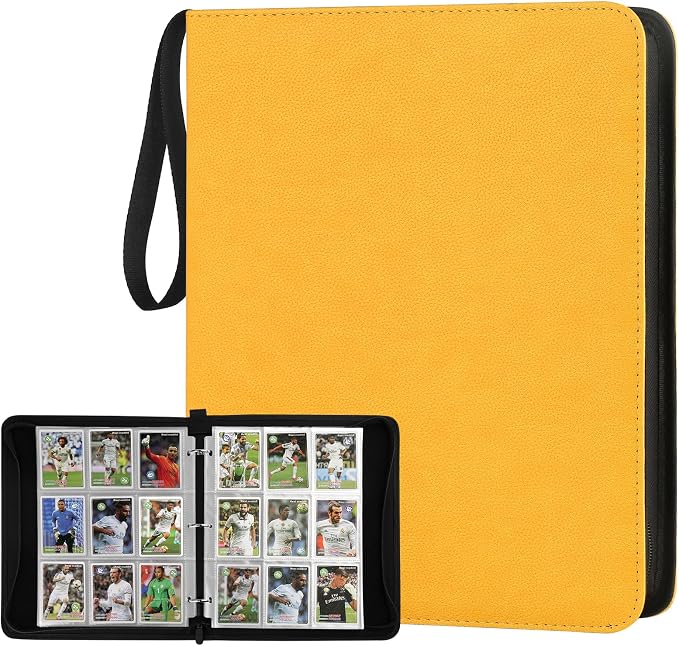 GERMUN 3 Ring 9 Pocket Zipper Card Binder, 720 Double Sided Standard PU Trading Card Album Folder for TCG & Sports Cards, Not Fit Top Loaders (yellow)