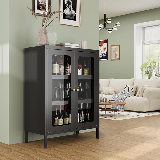 Bevivog Small Display Cabinet with Glass Doors, 12" Shallow Metal Storage Cabinet Short Bookcase with Two Doors Two Shelves for Home Office Living Room