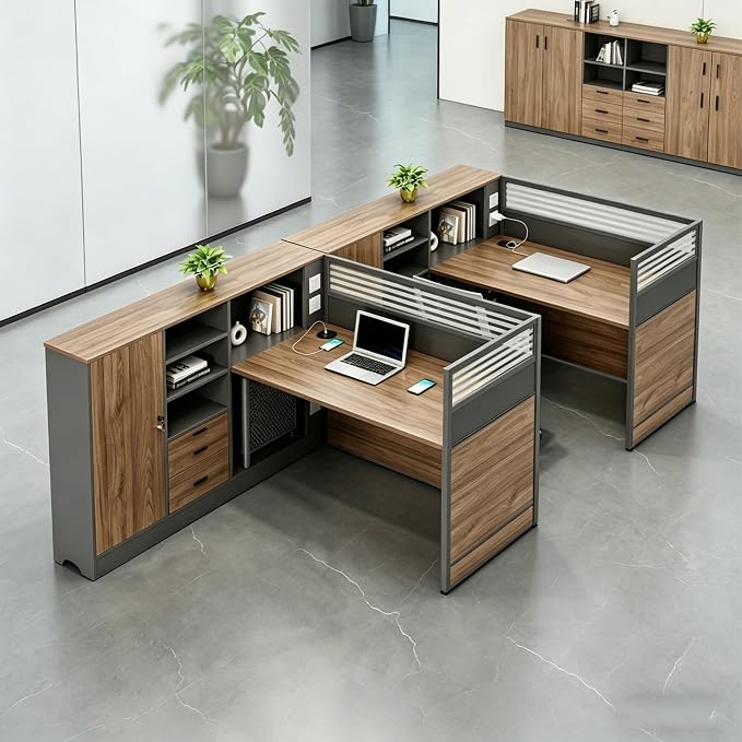 Modern Office Workstation Desk with Side Storage Cabinet, Tempered Glass Privacy Panels, USB Charging Hub & Cable Management, Modular Cubicle Desk for Office Work (C - Left, 2P-A)
