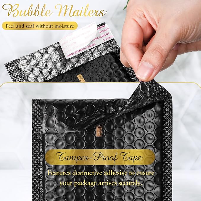 Kosiz 100 Pcs Bubble Mailers Thank You Padded Shipping Envelopes Poly Waterproof Mailing Envelopes Self Adhesive Bags for Small Business Clothing Boutique Jewelry Package (Black,4"x7")