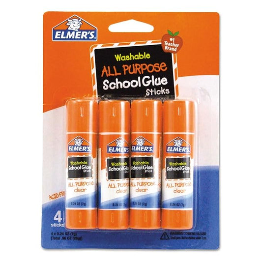 Elmer's All Purpose School Glue Sticks, Clear, Washable, 4 Pack, 0.24-ounce sticks