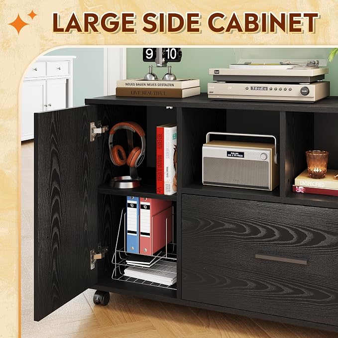 DEVAISE Printer Stand with Storage, Mobile Wood File Cabinet, Black | Locking & Rolling, Lateral Filing Cabinet, Doors and Shelves, Fits Legal/letter/A4, for Home Office, Study