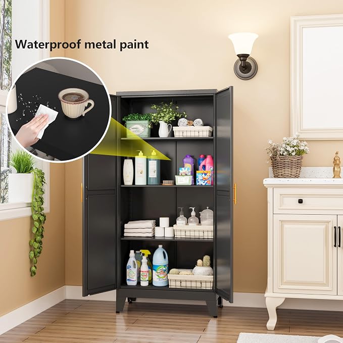Black Kitchen Pantry Cabinets, 48" Metal Storage Cabinet for Office | Steel Kitchen Pantry Storage with Doors and 3 Adjustable Shelves, for Office, Home, Garage, School