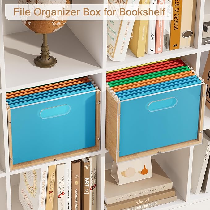 Sbanmao Hanging File Organizer, Clear Acrylic File Box Organizer, Bamboo Filing Box File Crate Organizer Storage Boxes, Portable Filing Folder with Handle for Letter Size