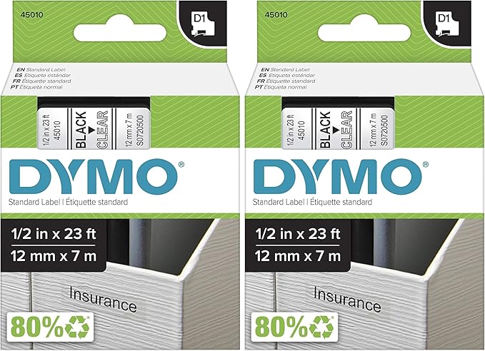DYMO Standard D1 45010 Labeling Tape (Black Print on Clear Tape, 1/2'' W x 23' L, 1 Cartridge), DYMO Authentic (Pack of 2)