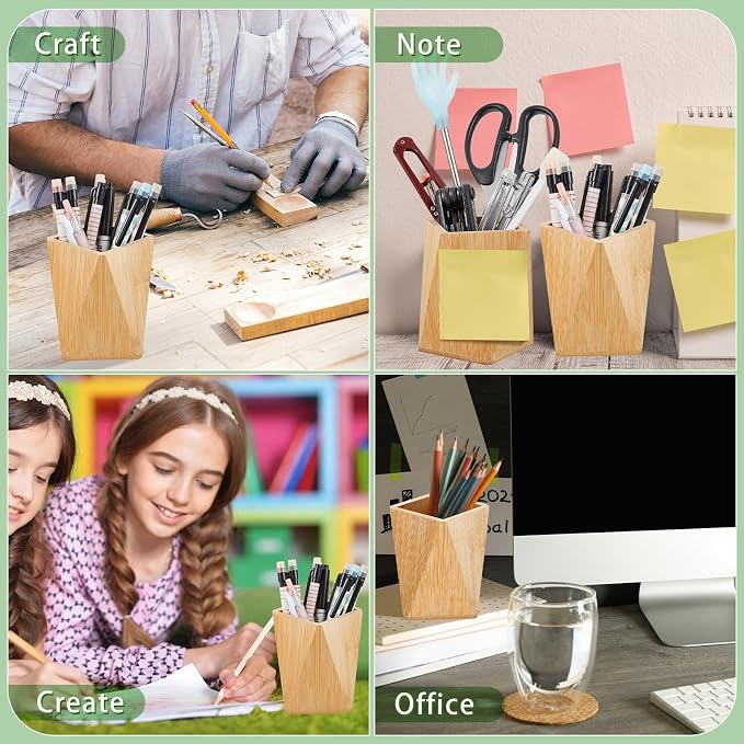 2 Pcs Bamboo Wood Pen Pencil Holder Geometric Pencil Cup Stand Makeup Organizer for Pen Holder Desk Home Office Adults(Bamboo)