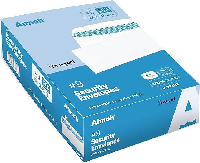 Aimoh 500#9 Security White Envelopes, GUMMED Closure, Premium Security Tint Pattern - No Window, EnveGuard, Size 3-7/8 x 8-7/8 Inches - White - 24 LB - 500 Count (30128)