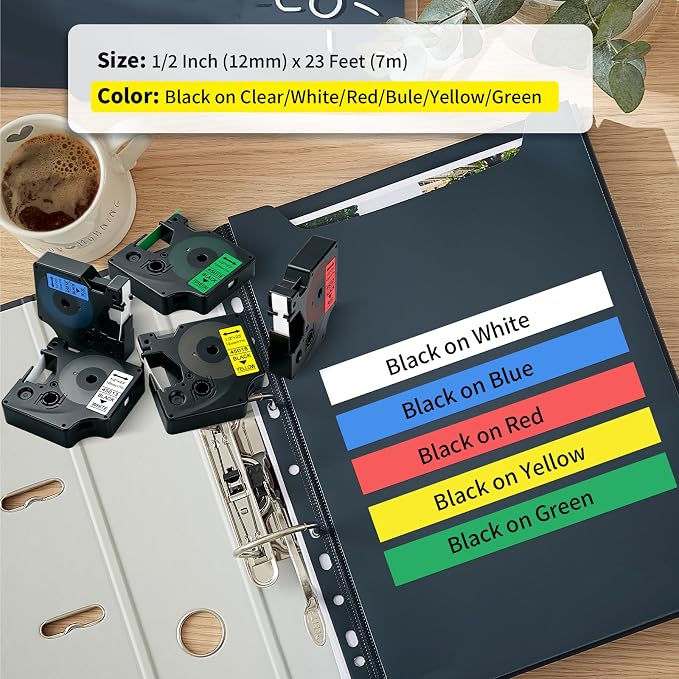 5-Pack Label Maker Refills 1/2" x 23' Compatible with DYMO D1 Label Tape | 45013 45016 45017 45018 45019 MultiColor Replacement for dymo LabelManager 160 280 210D 360D 420P Easy Peel No Residue