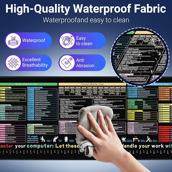 Excel Cheat Sheet Desk Pad 31.5x11.8-Large Waterproof Desk Mat with Inch Scale,Contain 12 Types of Common Skill in Excel&Word, Excel Shortcut Mousepad for Office Computer(Common Office Software 01)
