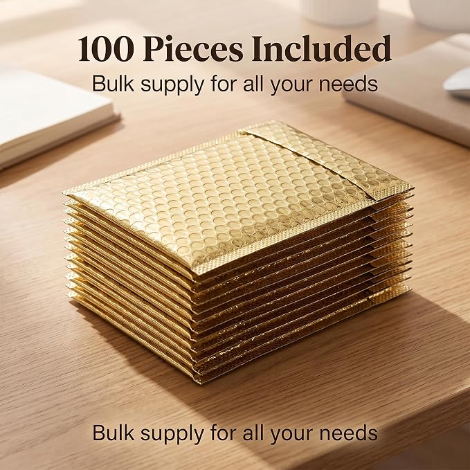 100 PCS 5 x 6 Inch Metallic Bubble Mailers, Gold Padded Mailing Envelopes | GINLANK Practical Self Seal Aluminum Film Shipping Envelopes for Packing, Mailing