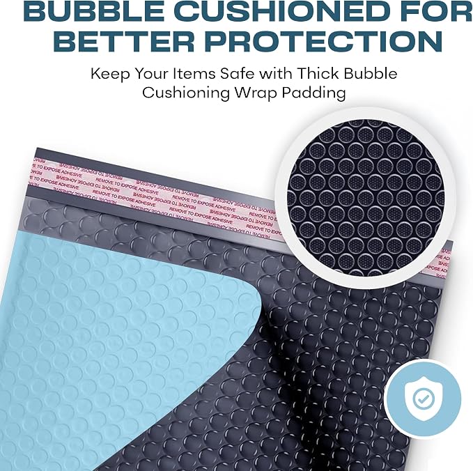 Light Blue Bubble Mailers 8.5x12 Poly Padded Envelopes #2, 200 Pack | Fits 8.5x11 Documents & Photos, Self-Seal Closure, Cushioned Protection, Water-Resistant Poly, Bulk Pack for Small Business