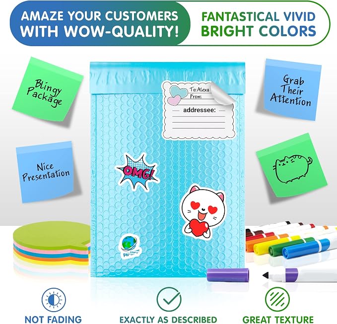 Poly Bubble Mailers, 10,5 x 16 Inch Light Blue Padded Mailers, Self Seal Shipping Envelopes, Lightweight Poly Mailer Bags, Waterproof Mailing Bags, Pack of 200