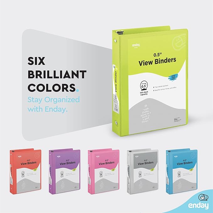Enday 1/2 inch Binder 3 Ring Binder (6 Pack - Assorted Colors) O-Ring Binder with Clear View Cover and 2 Inside Pocket - for Letter Size 8.5 x 11'' Paper, Ideal for School Supplies, Office, and Home