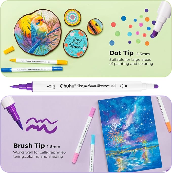 Ohuhu Acrylic Paint Markers Dual Tips: 36 Colors Brush & Dot Paint Pens High Opacity Acrylic Markers Waterproof Lightfast for Rock Painting 3D Prints Eggs Wood Glass Ceramic DIY Crafts - Akaka
