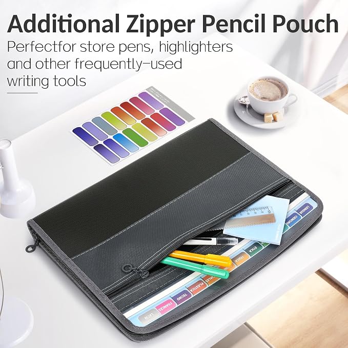 Sooez Accordion File Organizer with Zipper, 12 Pocket Expanding File Folder | Organizer with Front Pencil Pouch, Portable Monthly Paper Bill Tax Receipt Organizer, School Office Supplies, Letter Size