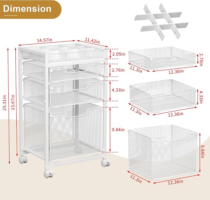 Rolling File Cart with 3 Storage Drawers, Under Desk Organizer with DIY Divider, Moblie Filing Cabinet on Wheels, Fits A4/Letter Size, Metal Utility Cart for Home Office, White