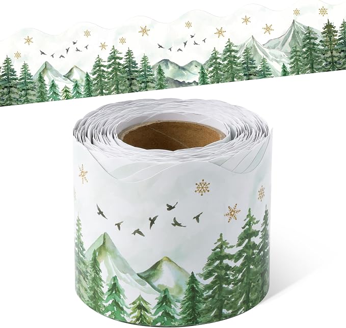 BeYumi Forest Mountain Border Trim - 65ft Back to School Sage Green Watercolor Forest Wonderland Rolled Border Trim Green Mountain Bulletin Board Party School Classroom Office Chalkboard Home Decor