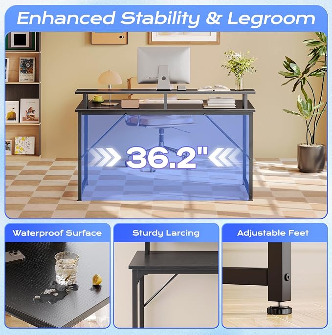 40 inch Gaming Desk, LED & Power Outlets, Monitor Stand, Black | Sturdy PC Desk for Home Office, Study & Work, LED Lights, 4 AC Outlets & USB-C Charging Station