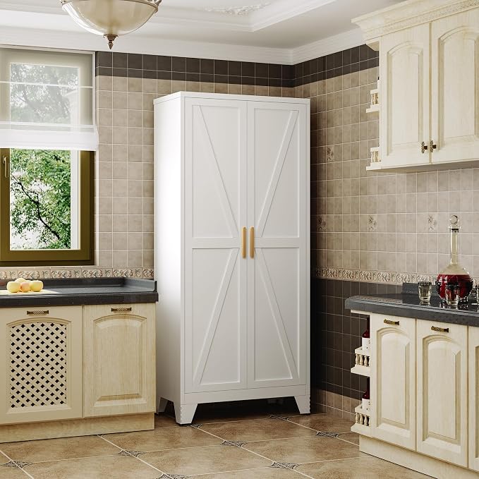 QINPTWUT 71" Metal Storage Cabinet with Doors and Shelves, Tall Pantry Cabinet in White with 2 Doors & 4 Adjustable Shelves, All-Steel Farmhouse Cupboard for Kitchen, Living Room,Home Office,Garage