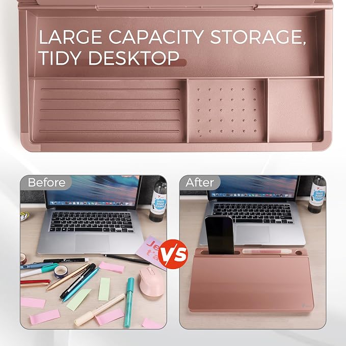 TOWON Compact Glass Desktop Whiteboard with Storage 12x7 in, Rose Gold | Aesthetic dry erase surface, 5 markers, eraser and holder included, for the office, home or school desk