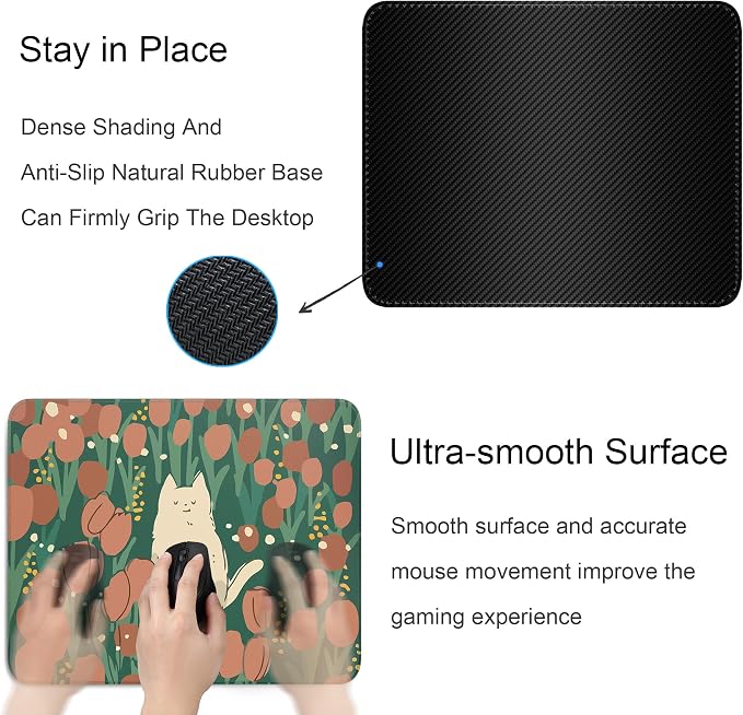 Cute Cat Square Mouse Pad,Aesthetic Anime Cat Mouse Pads for Wireless Mouse Desk Accessories,10"X8" Travel Mousepad with Non-Slip Rubber Base, Stitched Edge Mouse Pads for Desk,Computers,Laptop,Office