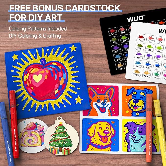 WUO 60 Colors Acrylic Paint Markers Brush Tip with Automatic Ink Control | Water-based, no-bleed, waterproof acrylic paint pens for rock, wood, canvas, glass, ceramic, fabric and DIY crafts