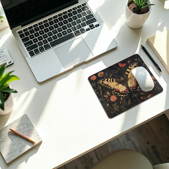 Moody Floral Butterfly Mouse Pad, Dark Contemporary Botanical Butterfly Mouse Pads Mousepad for Desk Home Office Dorm Laptop, Nature Office Supplies Desk Accessories, 9.5x7.9 Inch