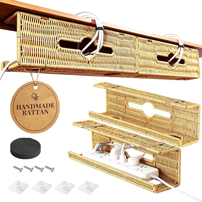 Handmade Rattan Under Desk Cable Management Tray 2 Pack, Natural | Easy Install with Adhesive or Screws, 33"Cord Organizer with 5M Cable Ties for Office Home, Effortless Wire Management