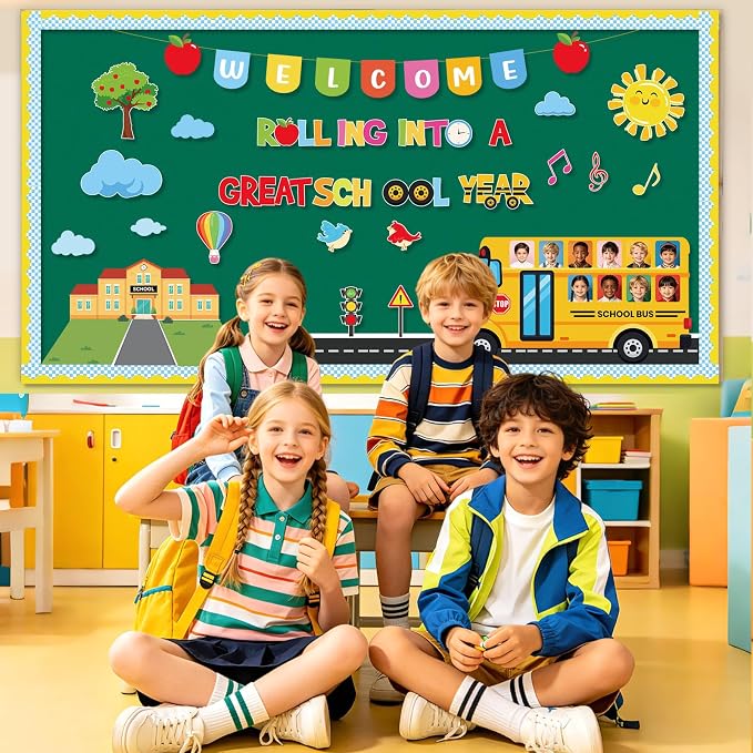 66Pcs Welcome Back to School Bulletin Board Decorations Set, School Bus Cutouts Yellow Bus Bulletin Board DIY Photo Crafts for Classroom Teacher Supplies Office Door Wall Decor