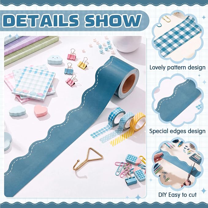 2 Rolls 65.6ft Dusty Blue Gingham Bulletin Board Borders Decoration Blue Checkered and Straight Edge Bulletin Borders Board Trim for Office School Classroom Chalkboard Party Decoration