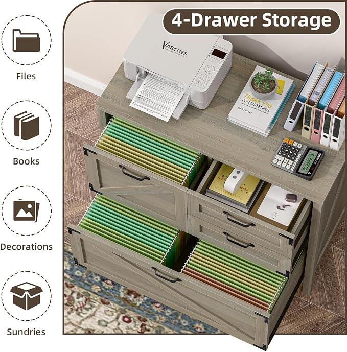 Befrases Farmhouse File Cabinet, Lateral Filing Cabinet with 4 Drawers for Letter/A4 Size Hanging Files, Large Wooden Printer Stand File Storage Cabinet for Home Office, Rustic Grey