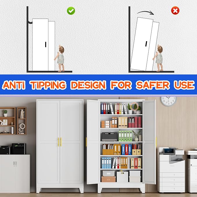 GAIOUS 79" Tall Kitchen Pantry Cabinet,Metal Storage Cabinet White Cupboard | with 2 Doors and 5 Adjustable Shelves, Freestanding Cupboard, 6 Tier Steel Storage for Office Kitchen Dining Garage Hallways