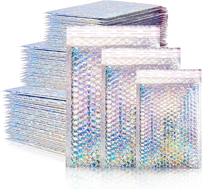 Metallic Bubble Mailers Set of 50, 3 Sizes Holographic Bubble Shipping Bags, Waterproof Self Seal Padded Cushion Envelopes for Packing, Mailing, Business, Jewelry, Makeup
