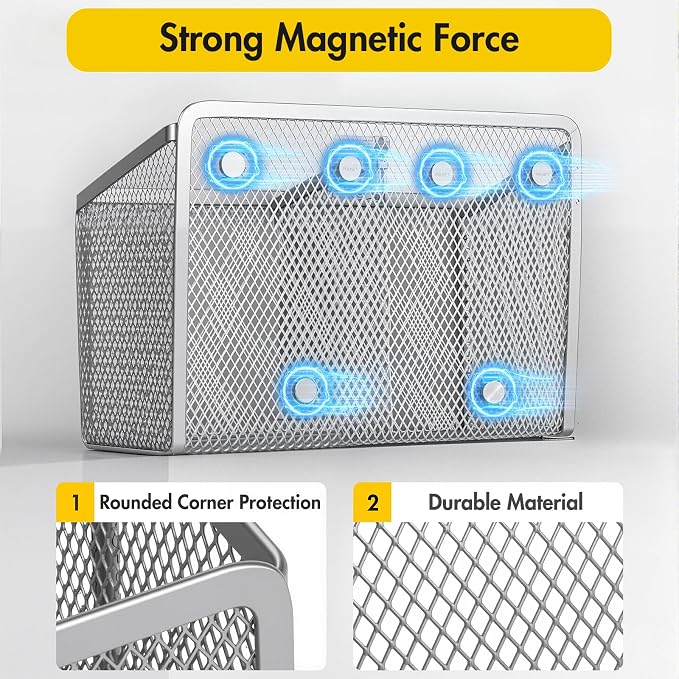 BEYGORM Magnetic Dry Erase Marker Holder for Whiteboard, Locker Organizer | Mesh Non-slip Pen & Pencil Holder for Refrigerator, Basket for Classroom, School &Office (Silver, 1-Pack)