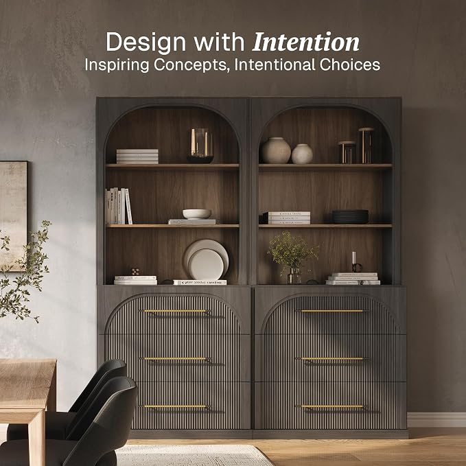 BELLEZE Display Storage Cabinet with Hutch Set of 2, 72" Tall Wood Modern Bookshelf with 3 Drawers, Cabinet for Office, Study, Kitchen, Dining Living Room, Ebony