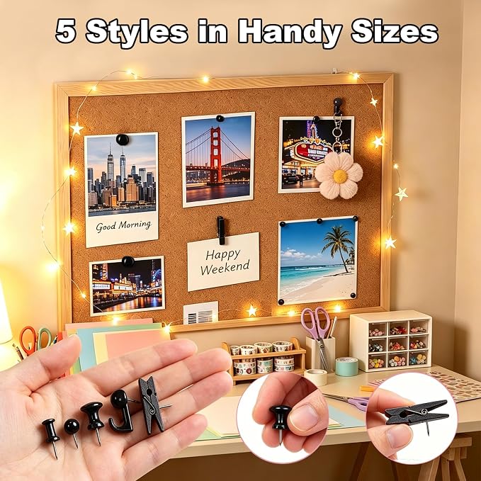 200 Pcs Black Push Pins for Bulletin Board, 5 Style Thumb Tacks for Cork Board, Decorative Pushpins for Wall Maps, Photos, Office, Classroom and Back to School Supplies (Black)