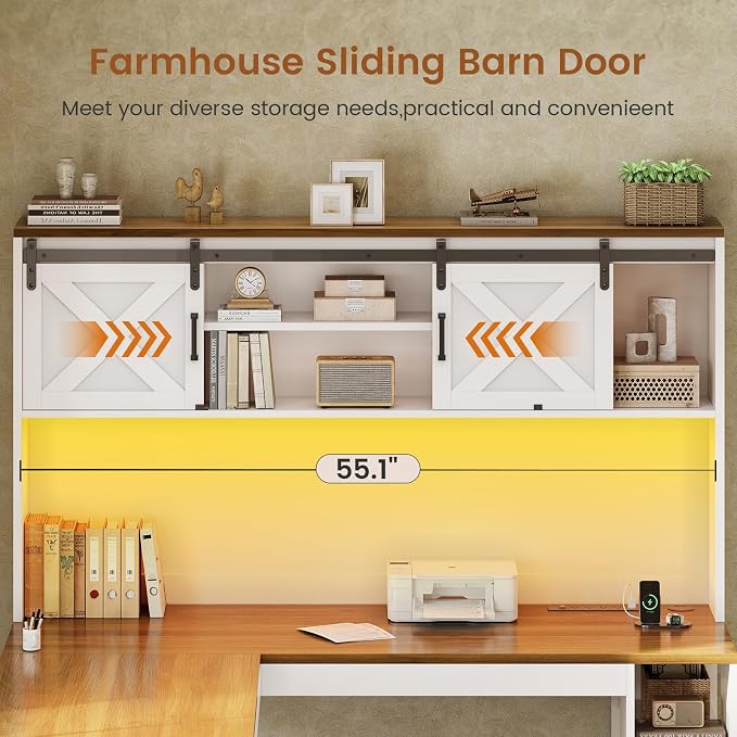 SEDETA 67" Farmhouse L Shaped Desk with Hutch, White+Brown | Home Office Desks with Drawers & Sliding Doors,Executive Corner Computer Desk with Storage Shelves,Power Outlets,LED Lights