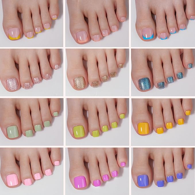 Beetles Press On ToeNails Kit - Glitz Spectrum | 288Pcs 12 Colors Short Square Press On Nails | 15 Sizes French Glossy Glitter With Nail Glue & Nail Tabs Stickers, Fake Nails Kit Art For Women