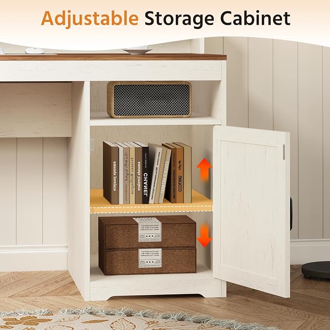 63" Farmhouse Computer Desk with 4 Drawers for Home Office, Bedroom | Executive Desk with Printer Shelf, Monitor Stand, Home Office Desks with Power Outlets, Storage Shelves, Antique White