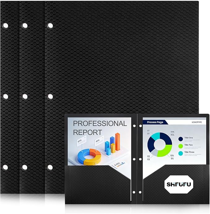 Textured 2 Pocket Folder(3 Pack,Black) Plastic Folders with Pockets,3 Holes Punched, Fits Letter Size 3-Ring Binder, Heavy Duty for School,Office,Back to School Supplies