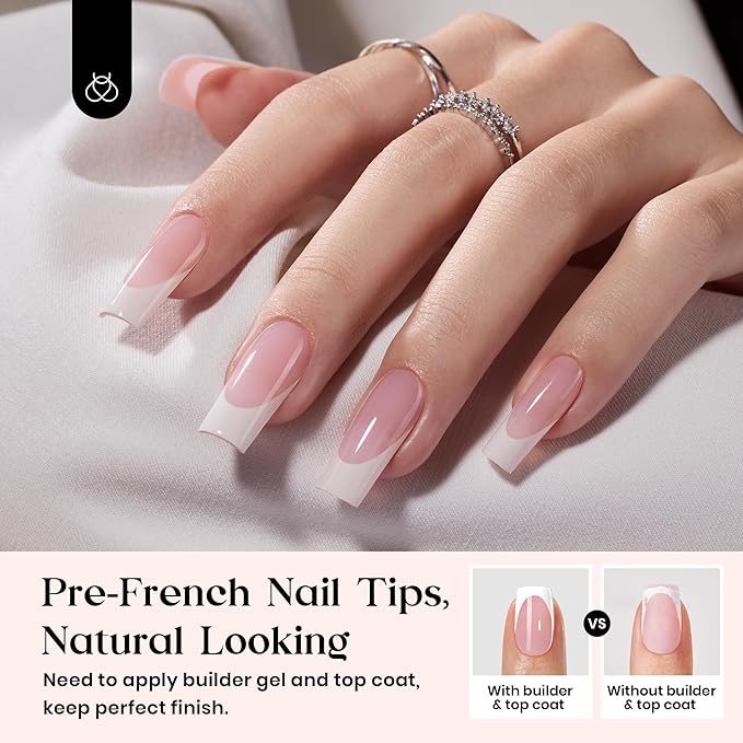 Beetles X Press Plus French Tip Nails - Candy French | Pink Long Square Press On Nails | 16 Sizes 160 Pcs Natural Salon Quality Gel Nail Tips