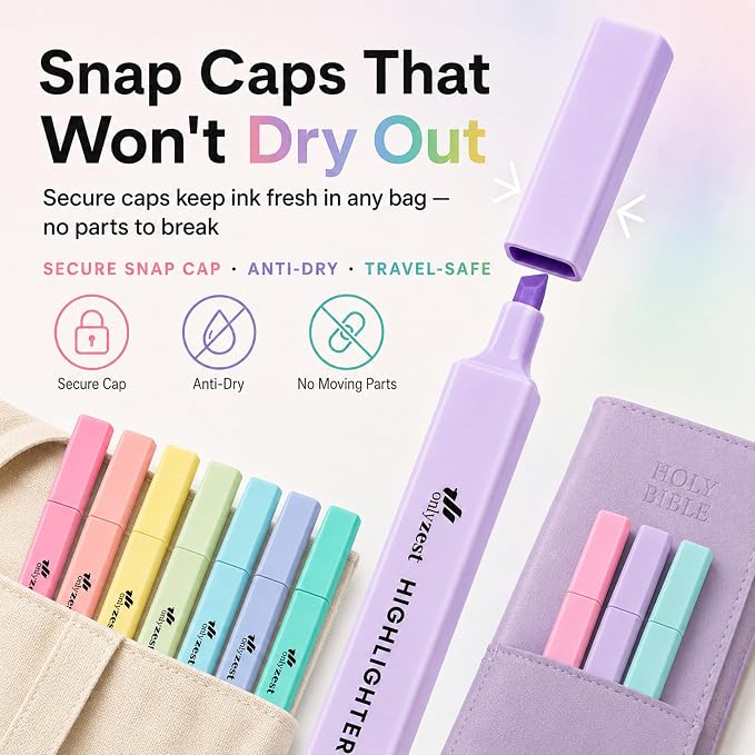 10 Aesthetic Bible Highlighters - Chisel Tip Liquid Ink Marker | Pen with Snap Caps for Clean Highlighting - Assorted Colors, No Bleed & Quick Dry - Bible Marker for Journaling & Studying