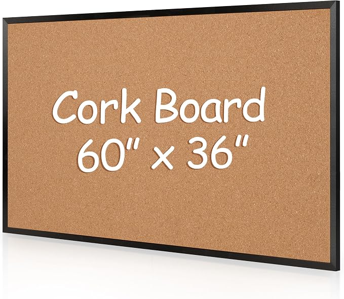 Extra Large Cork Bulletin Board 60" X 36", Black Wood Framed Corkboard for Wall, Wall Mounted Notice Pin Board with 18 Push Pins
