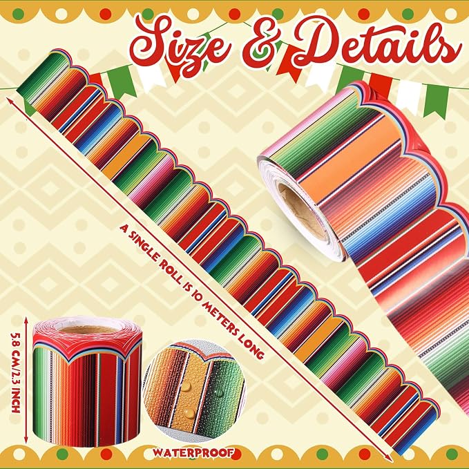 32.8 Ft Mexican Bulletin Board Borders Spanish Striped Scalloped | Serape Rainbow Striped Borders for Classroom, Hispanic Heritage Month Fiesta Displays, School Office Party Decoration