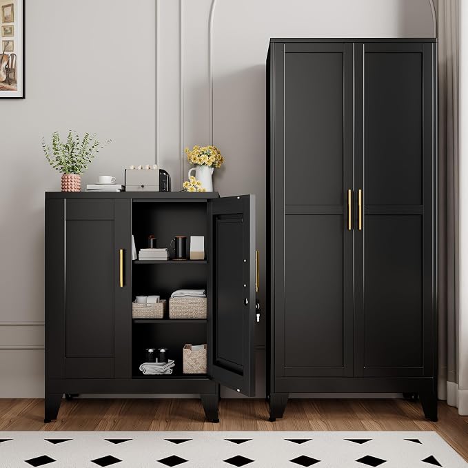 GAIOUS Black Metal Pantry Cabinet with Lock(Two Units), Sideboard Buffet | Storage Cabient with Doors and 2 Adjustable Shelves, Multifunctional Kitchen Cupboard for Home Office, Buffet Table